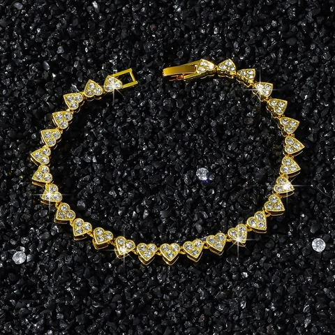 Hip Hop Heart Chain Bracelet For Women Iced Out Rhinestone Alloy Heart Shaped Link Chain Bracelet Gold Silver Jewelry Gift