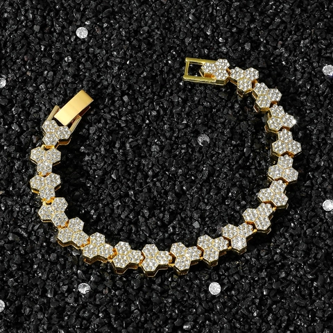 Hip Hop Unisex Strass Armband Legierung Pave Geometrische Sechseck Waben Gliederkette Gold Silber Plattiert Schmuck Geschenk