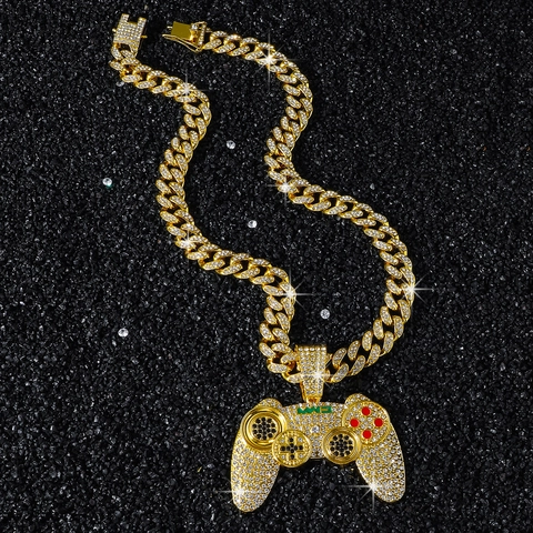 Collana con Ciondolo Controller di Gioco Hip Hop Iced Out Lega di Zinco Strass Galvanica Catena Cubana per Uomo Gioielli Streetwear