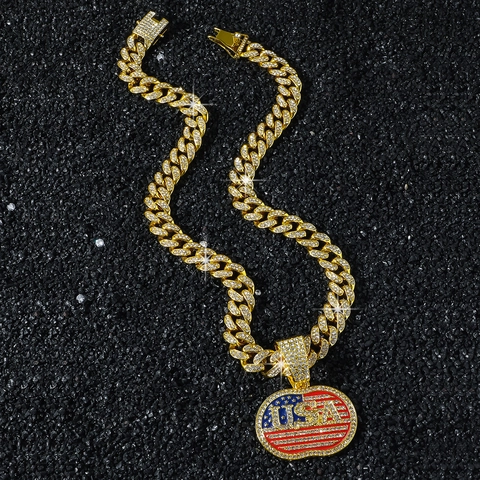 Collana Hip Hop Iced Out Lega di Zinco Strass Pendente Bandiera USA per Uomo Catena Maglia Cubana Gioielli Patriottici Americani