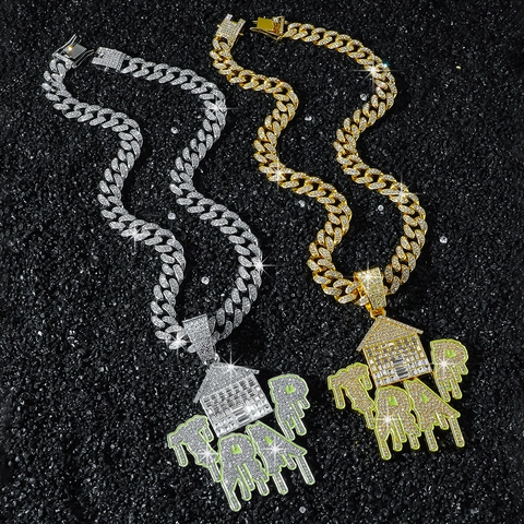 Hip Hop Iced Out Huis Hanger Ketting Zinklegering Strass Trap Letters Streetwear Cubaanse Schakel Sieraden voor Heren