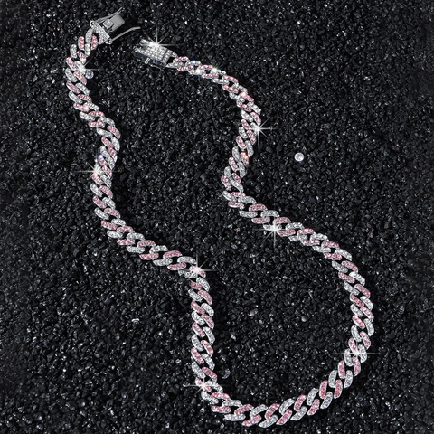 Collana e Bracciale a Maglia Cubana in Lega con Strass Rosa e Bianchi Gioielli Hip Hop Streetwear per Uomo e Donna