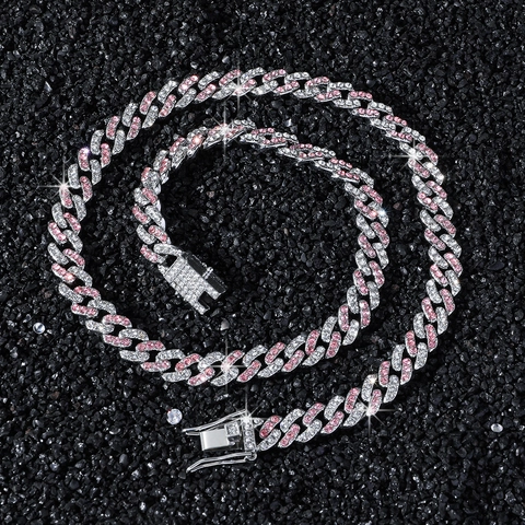 Collana e Bracciale a Maglia Cubana in Lega con Strass Rosa e Bianchi Gioielli Hip Hop Streetwear per Uomo e Donna