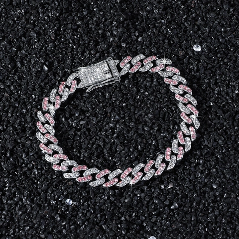 Hip Hop Legierung Glas Strass Panzerkette Armband Für Damen Street Fashion Rosa Weiß Spleißen Voll Strass Schmuck