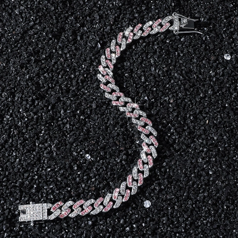 Hip Hop Legierung Glas Strass Panzerkette Armband Für Damen Street Fashion Rosa Weiß Spleißen Voll Strass Schmuck