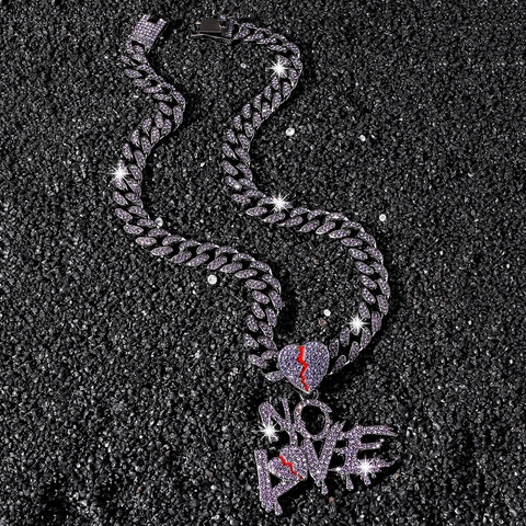 Hip Hop Heren Hanger Halsketting Paars Strass Hart No Love Letter Legering Cubaanse Schakelketting Street Punk Sieraden