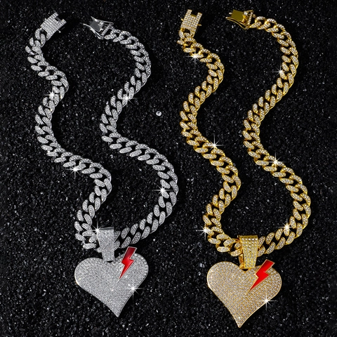 Hip Hop Heren Halsketting Volledig Ingelegd Strass Gebroken Hart Hanger Met Rode Bliksem Zinklegering Cubaanse Schakel Sieraden