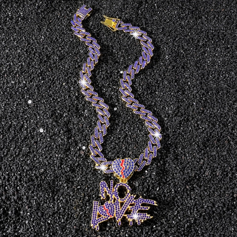 Hip Hop Men Zinc Alloy Rhinestone No Love Heart Letter Pendant Necklace Iced Out Cuban Link Chain Streetwear Jewelry