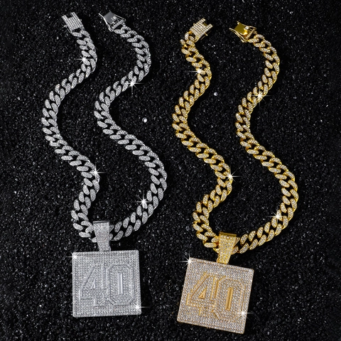 Hip Hop Number 40 Square Pendant Necklace Zinc Alloy Rhinestone Iced Out Cuban Link Chain For Men Streetwear Jewelry