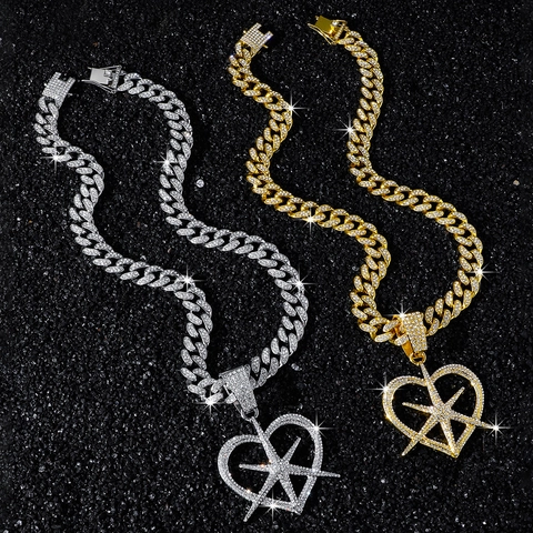 Iced Out Cubaanse Schakelketting Voor Mannen Hip Hop Zinklegering Strass Hol Hart Ster Hanger Sieraden Trendy Cadeau
