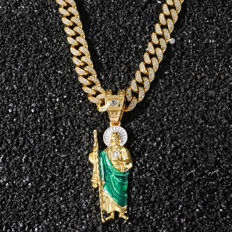 Collar de Colgante de San Judas Hip Hop Helado Hombre Aleación de Zinc Chapado en Oro Strass Esmalte Cadena Cubana