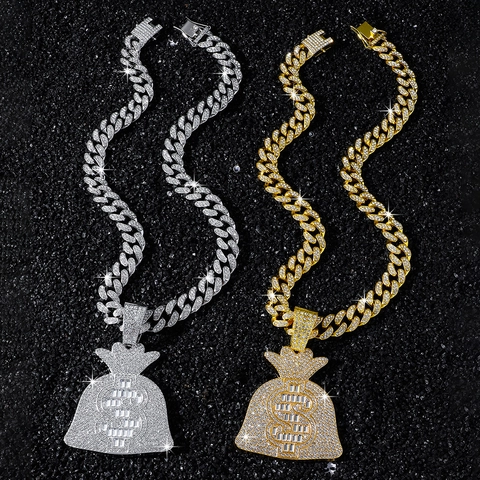 Iced Out Hip Hop Herren Zinklegierung Strass Geldbeutel Anhänger Halskette Mit Panzerkette Dollarzeichen Bling Schmuck
