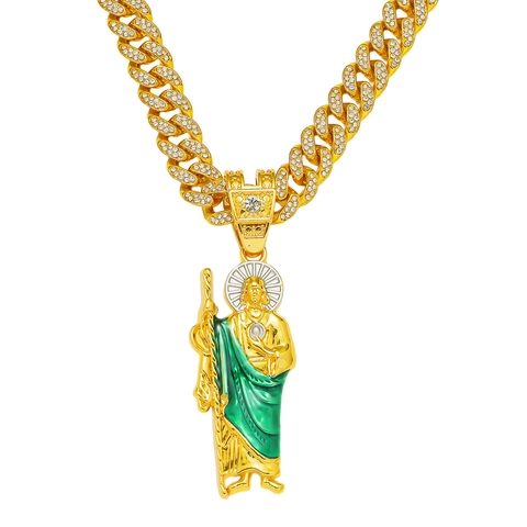 Collar de Colgante de San Judas Hip Hop Helado Hombre Aleación de Zinc Chapado en Oro Strass Esmalte Cadena Cubana