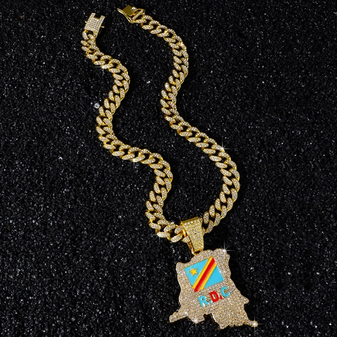 Collana con Pendente Mappa della Repubblica Democratica del Congo Hip Hop Strass Lega di Zinco Catena Cubana Uomo Donna