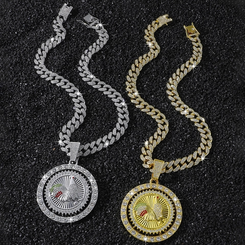 Collana Hip Hop da Uomo con Ciondolo Gallo Rotante Iced Out Strass Catena a Maglia Cubana Lega di Zinco Gioielli Streetwear