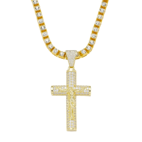 Hip Hop Jesus Cross Pendant Necklace Zinc Alloy Pave Rhinestone Tennis Chain For Men Streetwear Punk Style Jewelry Gift