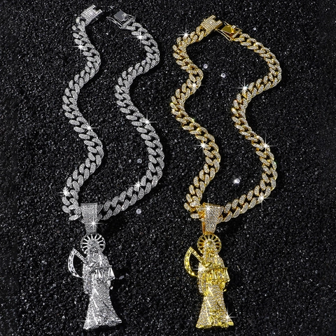Hip Hop Herren Iced Out Santa Muerte Anhänger Halskette Zinklegierung Strass Sensenmann Panzerkette Party Schmuck Geschenk