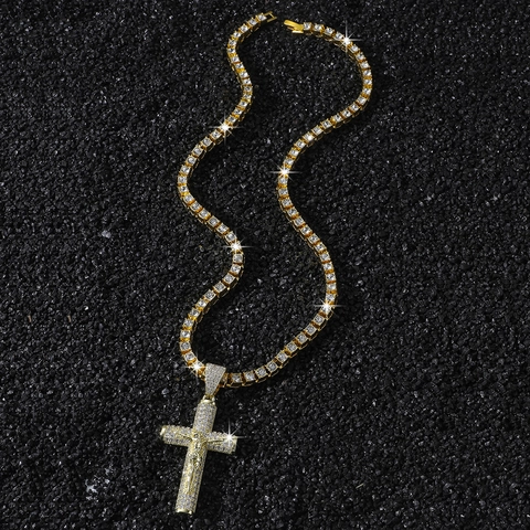 Hip Hop Jesus Kreuz Anhänger Halskette Für Herren Strass Zinklegierung Religiöser Schmuck Gold Silber Halsketten