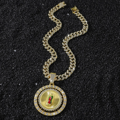 Collana Con Ciondolo Ruotante Vergine Di Guadalupe Uomo Hip Hop Lega Zinco Strass Smalto Maglia Cubana Gioielli Religiosi