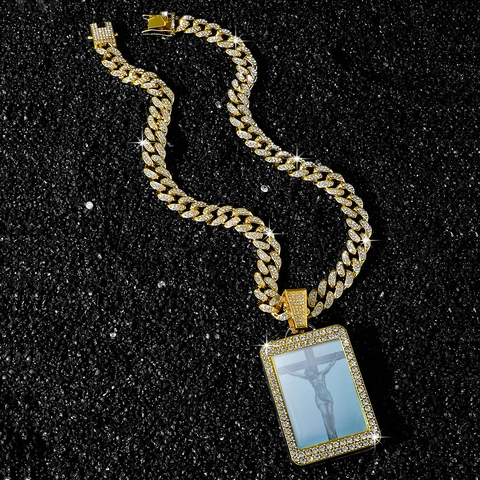 Men Hip Hop Iced Out Cuban Link Necklace Zinc Alloy Rhinestone Square Jesus Pendant Religious Cross Necklace Jewelry For Men