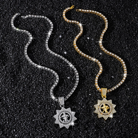Collana Hip Hop con Ciondolo a Croce Rotante Girasole con Catena Tennis Uomo in Lega di Zinco e Strass Stile Occidentale