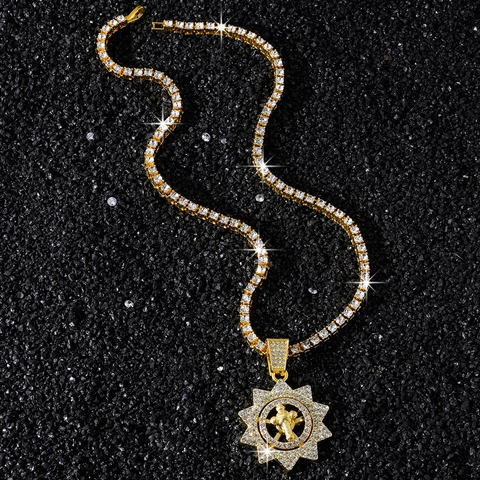 Collana con Ciondolo a Croce Rotante Hip Hop Uomo Iced Out in Lega di Zinco Strass Catena Tennis Gioielli Street Style