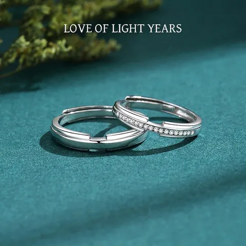 Anillos de Pareja de Plata de Ley 925 Minimalista Geométrico Incrustado de Strass Anillo Abierto Ajustable Regalo de San Valentín