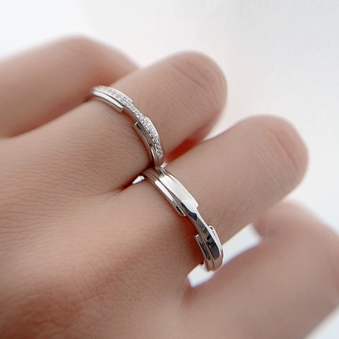 Anillos de Pareja de Plata de Ley 925 Minimalista Geométrico Incrustado de Strass Anillo Abierto Ajustable Regalo de San Valentín