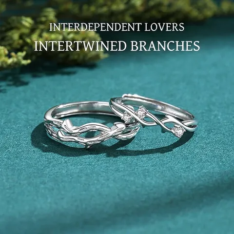 925 Sterling Silver Couple Rings Intertwined Branch Resizable Open Finger Rings CZ Inlaid Jewelry Valentine Gift Natural