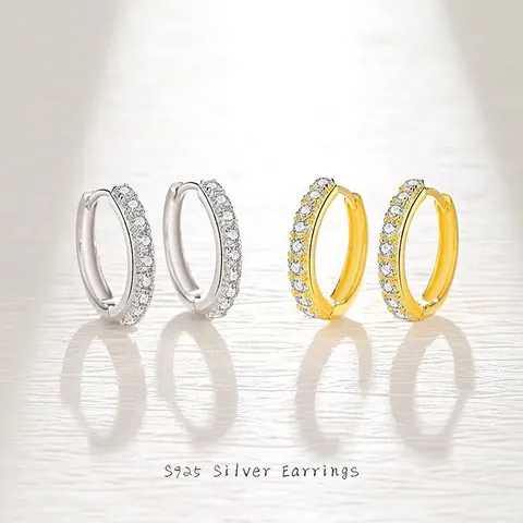 Pendientes de Aro de Plata de Ley 925 Micro Incrustaciones de Zirconia Blanca Diamantes en Fila Hebilla de Oreja Geométrica Joyería