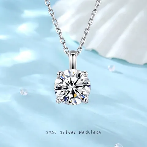 Classic 925 Sterling Silver Round Moissanite Cubic Zirconia Pendant Necklace For Women Minimalist 4 Prong Jewelry Anniversary Gift