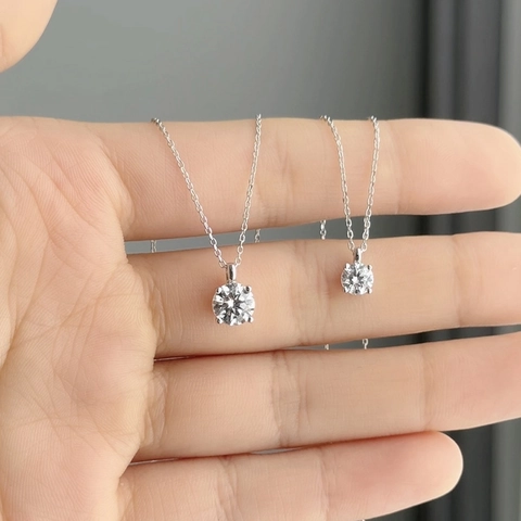 Classic 925 Sterling Silver Round Moissanite Cubic Zirconia Pendant Necklace For Women Minimalist 4 Prong Jewelry Anniversary Gift