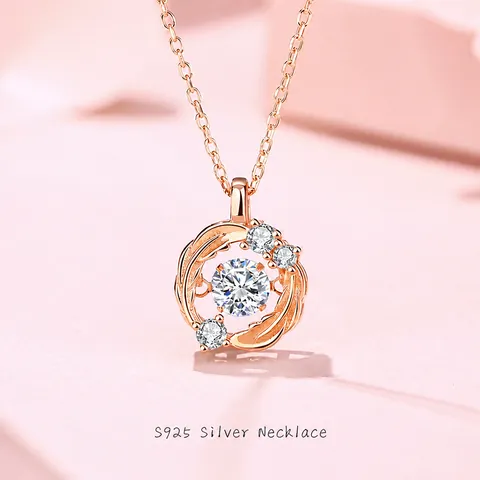 925 Sterling Silver Dancing Heart Feather Pendant Necklace Moissanite Zirconia Inlaid Adjustable Chain Jewelry For Women
