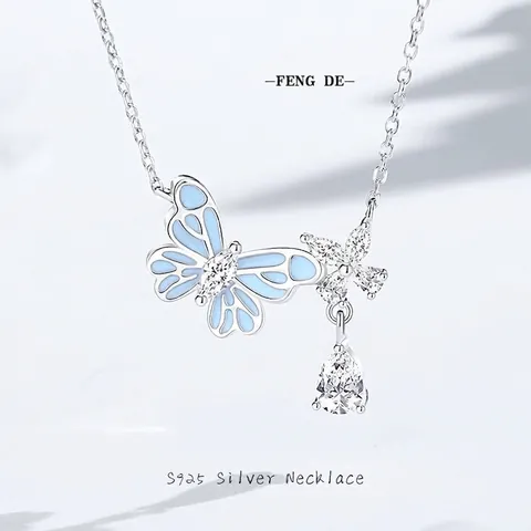 Elegante Lichtgevende 925 Sterling Zilveren Vlinder Bloem Hanger Ketting Lichtblauw Emaille Zirkonia Sieraden Voor Vrouwen Dating Cadeau