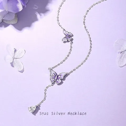 Collana a Y con Farfalla Luminosa in Argento Sterling 925 Smalto Viola Zirconia Cubica a Goccia Gioielli al Buio