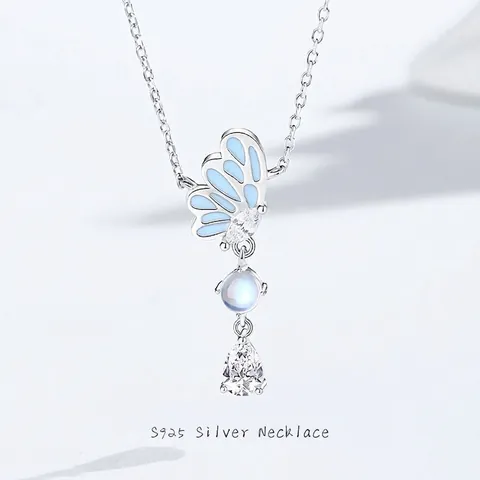 Collar Con Colgante De Mariposa Luminosa De Plata De Ley 925 Con Circonia Y Piedra De Luna Para Mujer Elegante Cadena Joyería