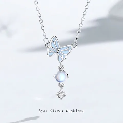 Collar con Colgante de Mariposa Luminosa de Plata de Ley S925 para Mujer Piedra de Luna Diamante de Imitación Joyería