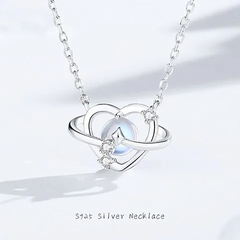 Collana Pianeta Cuore in Argento Sterling S925 per Donna Collana con Ciondolo in Zirconia Pietra di Luna di Lusso Leggero