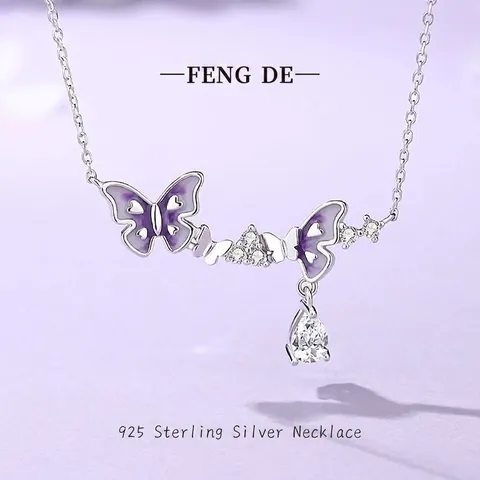 Collana a Farfalla Luminosa in Argento Sterling 925 Pendente a Goccia in Zirconia Smalto Viola Choker Raffinato Gioielli da Donna