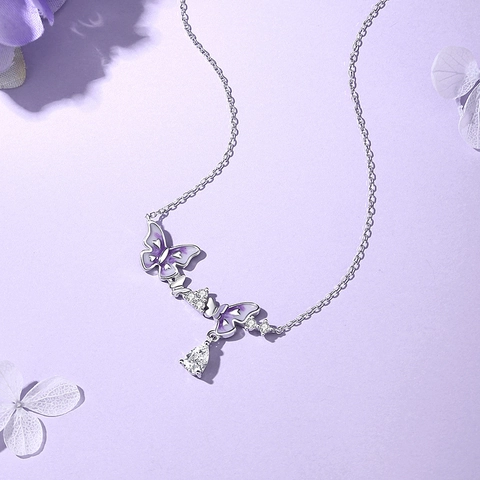 Collana a Farfalla Luminosa in Argento Sterling 925 Pendente a Goccia in Zirconia Smalto Viola Choker Raffinato Gioielli da Donna