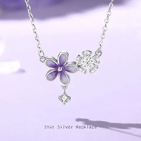 Gradient Purple Flower S925 Sterling Silver Necklace Glow In Dark Enamel Zirconia Pendant Clavicle Chain Jewelry For Women