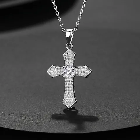 Retro HipHop Collar con Colgante de Cruz de Plata de Ley 925 para Mujer Joyas de Lujo con Incrustaciones de Circonia Oro Blanco Plata