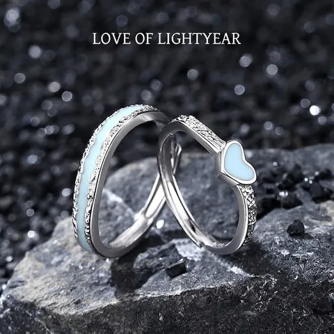 Leuchtende S925 Sterling Silber Herz Paarringe Verstellbare Offene Finger Schmuck Geschenk Für Damen Herren Blau Emaille Strass Band