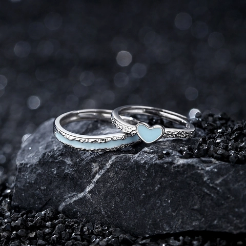 Leuchtende S925 Sterling Silber Herz Paarringe Verstellbare Offene Finger Schmuck Geschenk Für Damen Herren Blau Emaille Strass Band