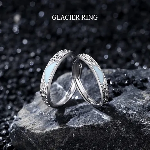 Bagues de Couple en Argent Sterling 925 Glacier pour Femmes Hommes Bague Ouverte Réglable en Émail Lumineux Bijoux