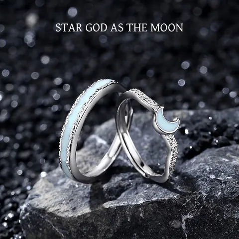 925 Sterling Silver Star Moon Couple Rings Luminous Glow In The Dark Adjustable Opening Rhinestone Resizable Jewelry Lovers Gift