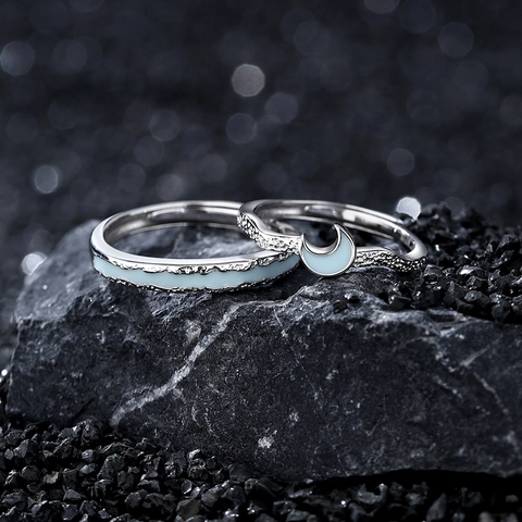 925 Sterling Silver Star Moon Couple Rings Luminous Glow In The Dark Adjustable Opening Rhinestone Resizable Jewelry Lovers Gift