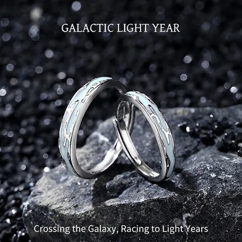 S925 Sterling Silver Luminous Galaxy Couple Rings Minimalist Adjustable Open Jewelry For Lovers Fluorescent Enamel Silver Blue Rings