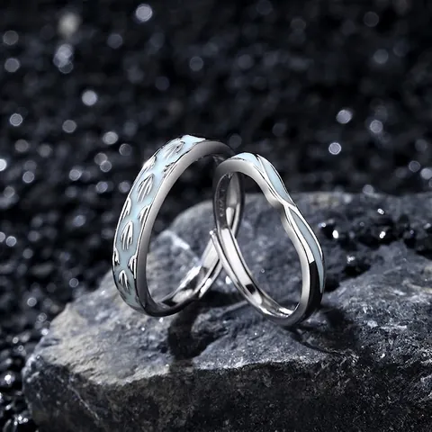 Bagues de Couple Lumineuses en Argent Sterling 925 Émail Bleu Fluorescent Motif Oiseau et Vague Réglable Homme Femme Bijoux de Doigt Minimalistes Cadeau