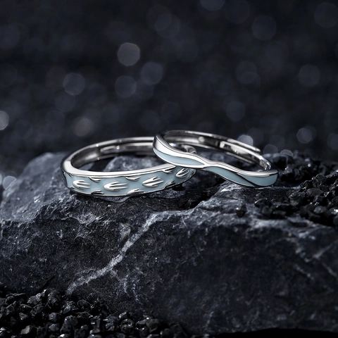 Bagues de Couple Lumineuses en Argent Sterling 925 Émail Bleu Fluorescent Motif Oiseau et Vague Réglable Homme Femme Bijoux de Doigt Minimalistes Cadeau